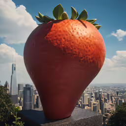 a giant strawberry that is sitting on top of a building