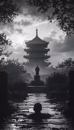 a statue sitting on a small pathway between trees
