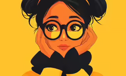 a woman wearing glasses looks up at the camera