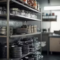 a bunch of bowls on shelves that are in the kitchen