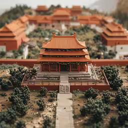 a small model of a chinese building that is on top of a mountain