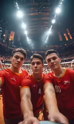 two men standing together at a basketball game