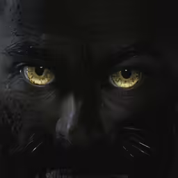 a man wearing glowing yellow eyes in the dark