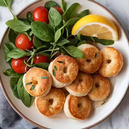 a plate filled with little bagels and a lemon wedge