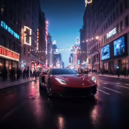 a red sports car driving down a busy street in a city