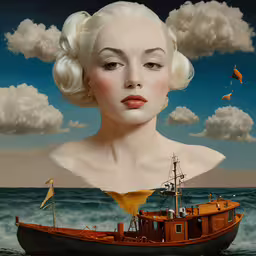 a woman with blond hair and large eyes and a white dress on a boat in water,a woman looking like she is in the water