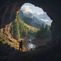 man on trail taking pictures out of a cave
