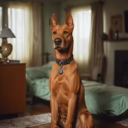 a dog sitting on a rug in a living room