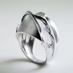 the silver ring is designed with a wavy pattern and a black center