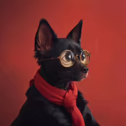 a dog wearing glasses and a scarf