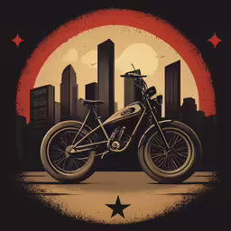 a motorcycle parked in front of a city with the sun setting