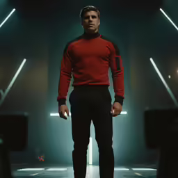 man standing in front of some green light