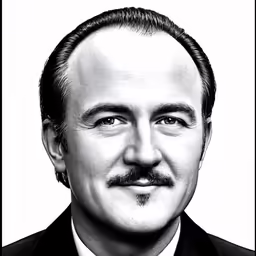 an black and white photo of a man with a mustache