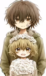two anime characters in full outfits with long hair