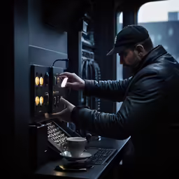 man using a coffee machine with cups on it