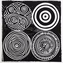 three abstract circles in black and white on a square paper,four abstract designs in black and white