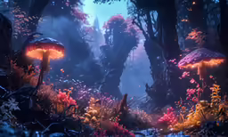 an image of a forest scene with lots of mushroom shaped trees