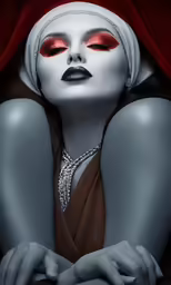 woman with red eyes and white makeup is dressed up as a ghost