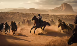 a group of people riding horses through a desert