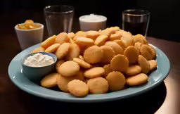 fried nuggies on a plate with some sour cream