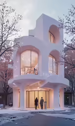 people stand outside of a building in a snowstorm