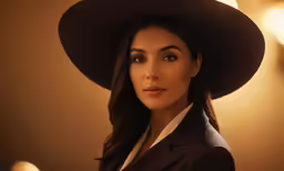 a beautiful woman in a suit and hat posing for the camera