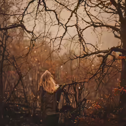 a woman walks down an old bridge in the woods