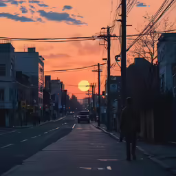 a sunset view down an urban city street