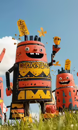 five inflatable toy figures in the grass