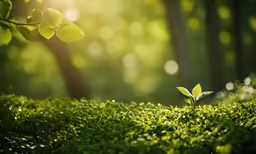 a leaf sprout in the grass with sunlight streaming through the forest behind it