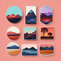 the different pictures on this set of coasters are displayed,stickers featuring mountain images and trees in front of a peach background