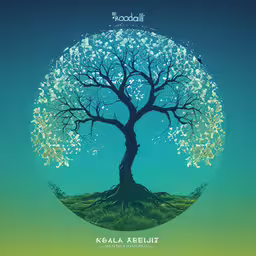 a poster with a tree in the center of a round,a stylized tree with branches that is green and blue