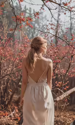 the back view of a woman in a dress walking on a path through a forest with flowers