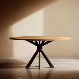 a table in the middle of a room, with one leg extended and two circular wood legs