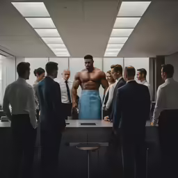 a man with a muscular body standing in front of two men at a counter