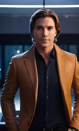 a man wearing a brown jacket and black shirt