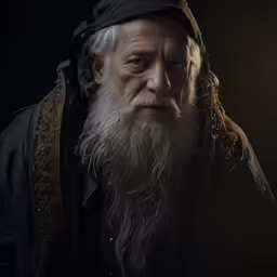 an old man with long white hair wearing a black outfit