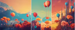 three different images show a bunch of flowers,four images show colorful paintings with different style