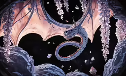 a white and gray dragon sitting in a forest of trees