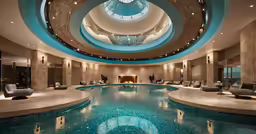a hotel with a round glass pool and curved ceiling