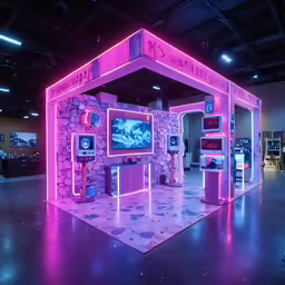 a booth with multiple screens and tvs inside of it