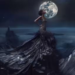 a woman in a black gown and full moon in the sky,a woman is standing in the moonlight with her arms behind her back as she looks into the sky at the moon