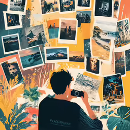 a boy is taking pictures with his cellphone, surrounded by photos