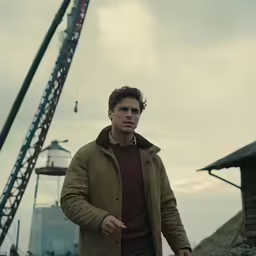 the man is walking in the field with his hand on a stick