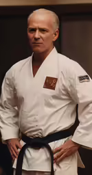 an old man with an black belt standing up