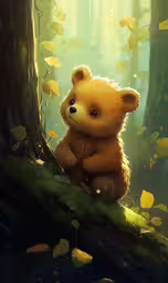 a bear cub standing in a forest next to a tree,a small bear that is sitting in the grass
