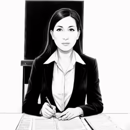 a woman sitting at a desk with a pen and paper
