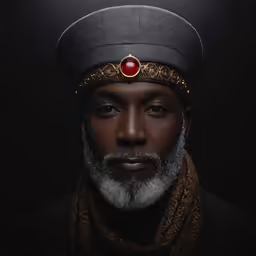 the old man in a hat and scarf has his picture displayed
