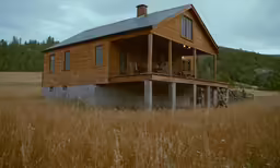 the large wooden building is in a grassy field
