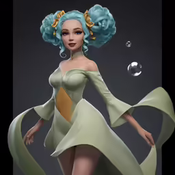 a female with green hair and gold trim stands in a dress